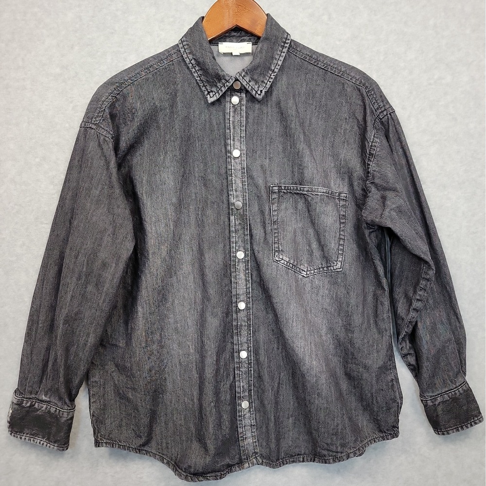 NAF NAF Paris Charcoal Denim Shirt Jacket Sz M Medium Wash Snap Up Cotton Relax